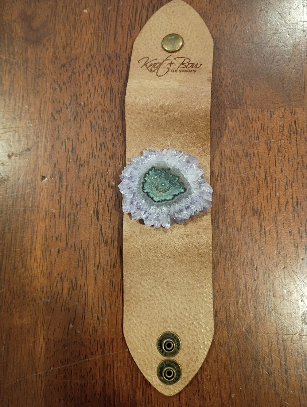 Leather Cuff Bracelet with Amethyst Geode Accent - Natural/Tan